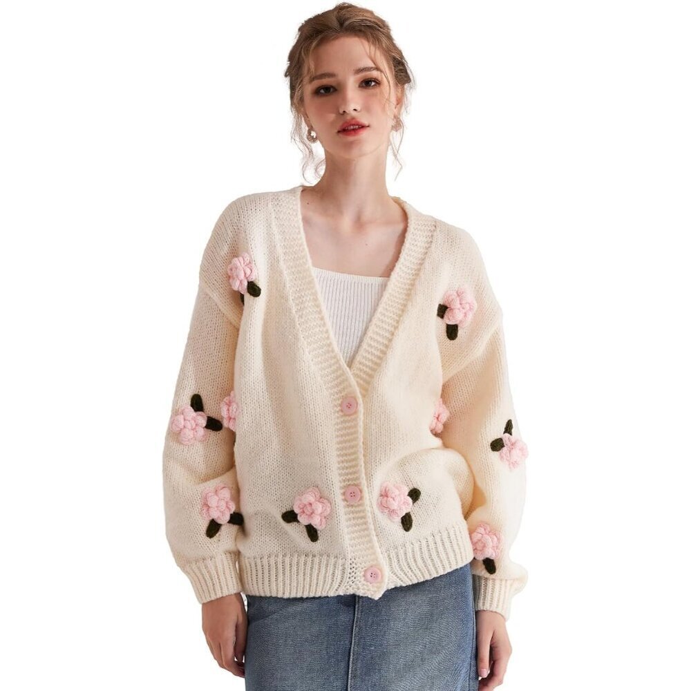 Women's Floral Cardigan Knit Long Sleeve V-Neck Oversized Casual Sweater
